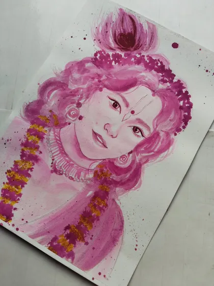 The final watercolor portrait of Lord Krishna, adorned with a peacock feather and a garland. The splattered paint effect adds a dynamic and modern energy to this devotional artwork, making it a unique piece of spiritual art.
