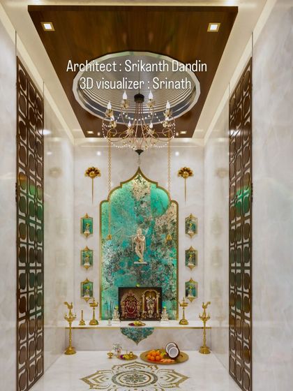 A second design option for the luxury pooja room, featuring different decorative elements on the side walls while maintaining the central theme.