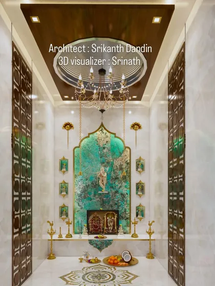A second design option for the luxury pooja room, featuring different decorative elements on the side walls while maintaining the central theme.