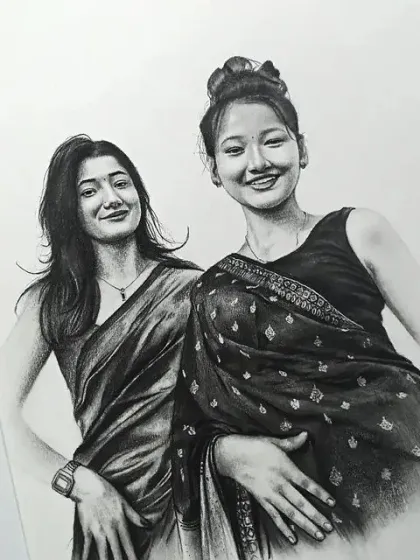 A commission of two friends, both dressed in beautiful sarees. I focused on their happy expressions and individual styles.