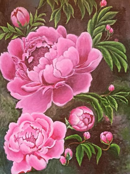 An oil painting of pink peonies on canvas. This piece focuses on creating depth and realism by carefully layering colours and paying attention to light and shadow.