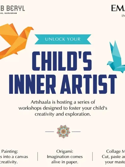 Unlock your child's inner artist with our series of creative workshops. This poster details some of our fun activities like pot painting, origami, and collage making, designed to spark imagination.