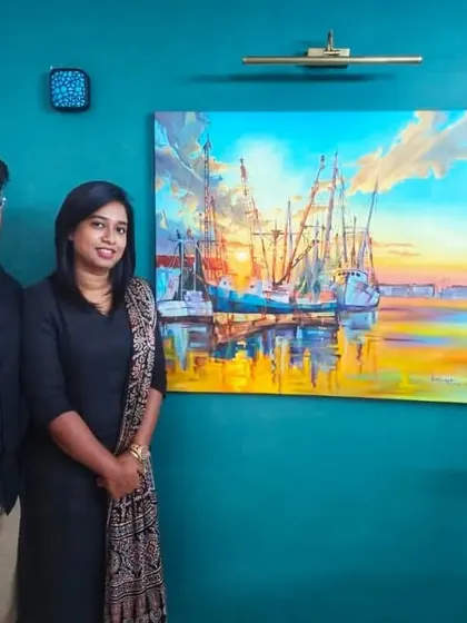 A happy client from Bangalore with their new seascape painting. Seeing my art find a place in someone's home is the best part of what I do. This piece now brightens their living space.