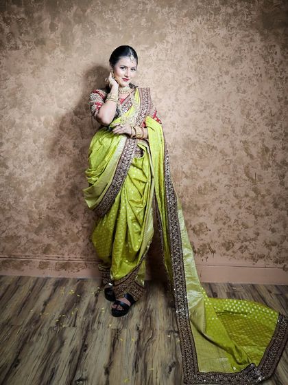 A full-length shot of the lime green Nauvari, a unique and vibrant choice.