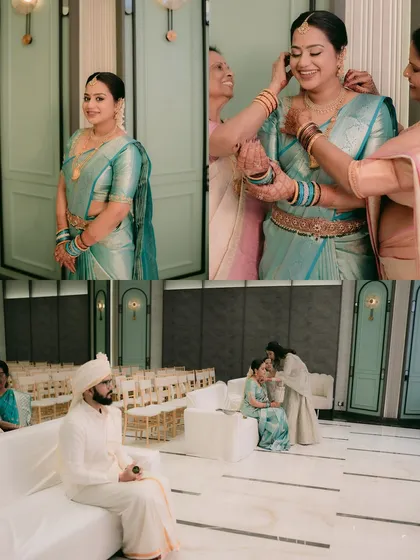 A collage of moments showing the groom waiting and the bride getting her finishing touches, telling a story of anticipation.