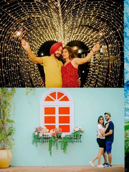 A collage showing the variety of a single pre-wedding shoot, from a fun shot with sparklers in a light tunnel to a casual pose against a colorful wall.