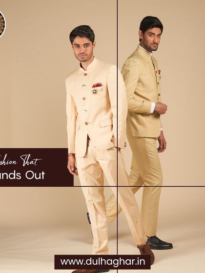 Fashion that stands out. Two variations of our cream Bandhgala suits, demonstrating subtle differences in shade and style.