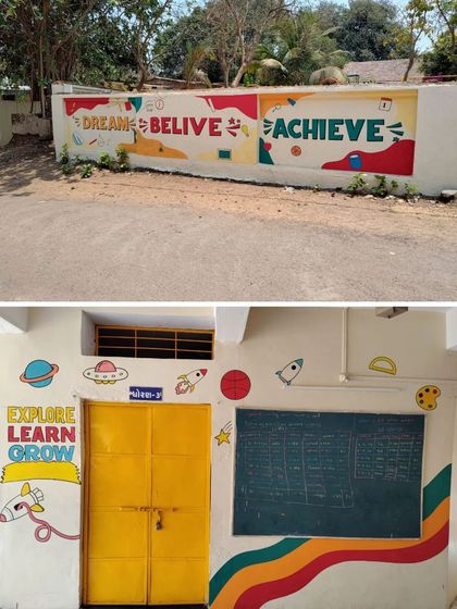 A combination of an entrance wall mural and a classroom door mural, both with bright, educational themes.