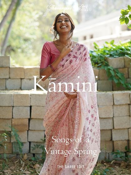 The Kāmini saree, crafted from dreamy silk chiffon, is a delicate floral beauty. It took 80 hours to create, using 20 different hand-carved vintage woodblocks to achieve its soft, flowing design.