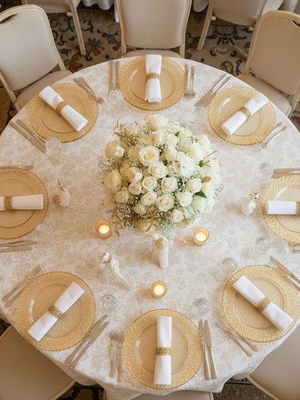 An aerial view of the immaculate table setting. Gold-rimmed plates, crisp white linens, and a central bouquet of white roses create a look of pure sophistication and elegance.