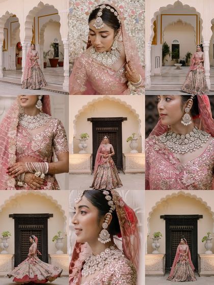 A comprehensive collage of the bride's portraits on her wedding day. It features close-ups of her jewelry, full-length twirling shots, and serene poses, capturing every detail of her look.