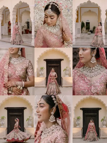 A beautiful grid collage of the bride, capturing close-ups of her jewelry, her smile, and the flow of her gorgeous pink lehenga within the palace corridors.