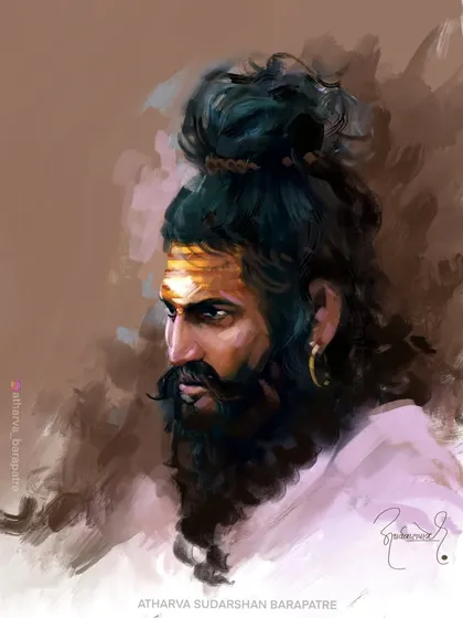 A digital portrait of a sadhu with his hair tied in a bun, his gaze intense and focused. This painting explores the powerful presence and inner world of a spiritual ascetic.