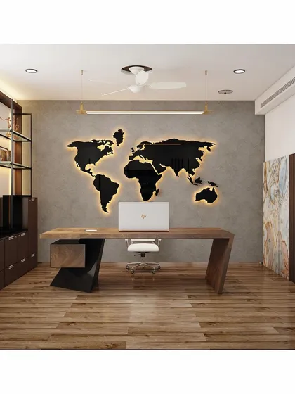 A wider shot of the director's cabin, showing the balance between the dark wood desk, the industrial-style wall, and the elegant marble-patterned door, creating a space that is both commanding and tasteful.