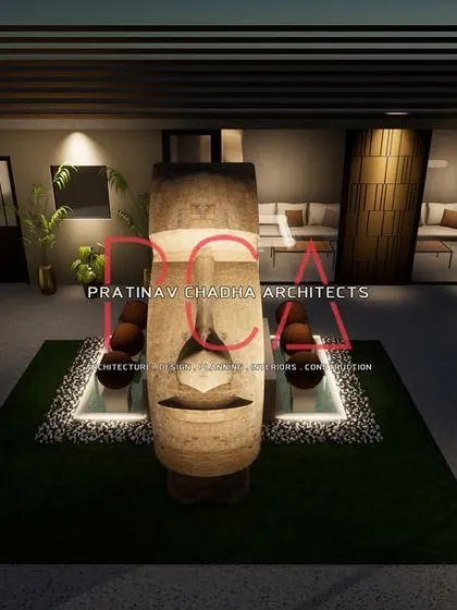 A central view of the terrace garden, focusing on the Moai statue and its integrated water feature. This element serves as a stunning focal point for the entire outdoor space.