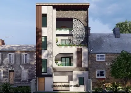 The exterior is the first impression your home makes. For this residence in Moti Nagar, I designed a bold, modern facade using a dynamic interplay of geometric shapes, textures, and materials to create a truly unique and eye-catching elevation.