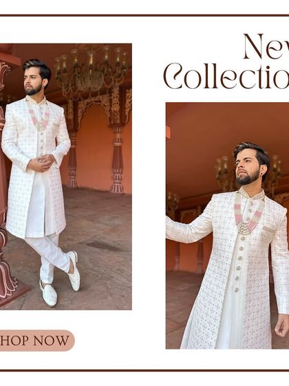 A collage showcasing the new collection of white sherwanis for grooms.
