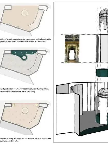 Detailed diagrams explaining the concept of the central octagonal pavilion and the use of salvaged pillars as key design features.