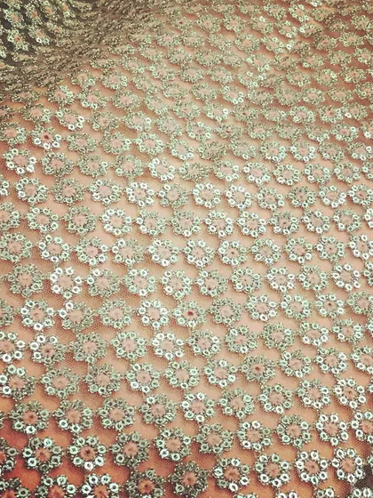 A full sheet of delicate sequin fabric. This material is perfect for adding glamour and sparkle to gowns, lehengas, and blouses, and it catches the light beautifully for any evening event.