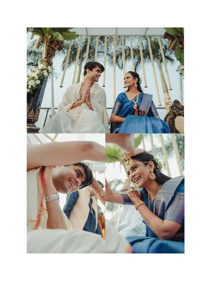 A collage capturing more happy moments from the wedding ceremony, from playful rituals to serene blessings.