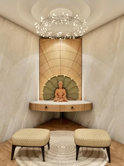 A closer look at the 3D render for the meditation corner, highlighting the intricate fan-like backdrop and the elegant chandelier.