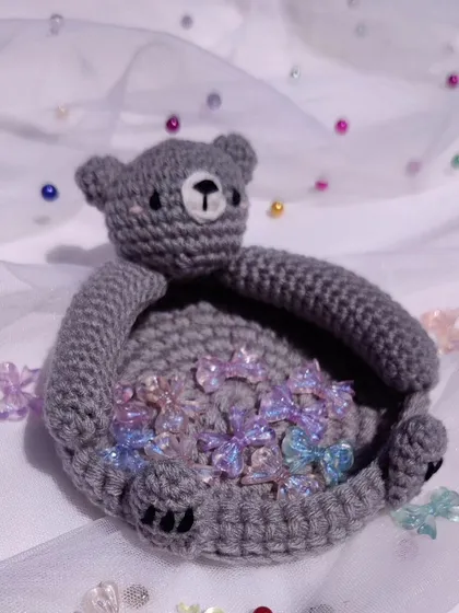 This adorable grey bear trinket dish is another one of my unique organizer designs. The bear's arms form a small bowl, perfect for holding beads, clips, or other small craft supplies.