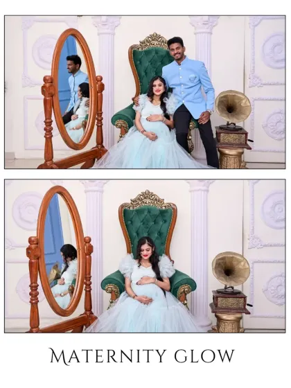 A "Maternity Glow" graphic featuring two portraits from a royal-themed session. The images showcase both a solo and a couple's pose with our elegant throne chair and vintage mirror.