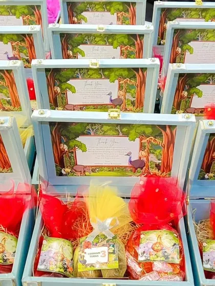 A look inside the jungle-themed trunk boxes. I fill them with colorful, tasty treats and include a personalized thank you note from the birthday child on the inside of the lid.
