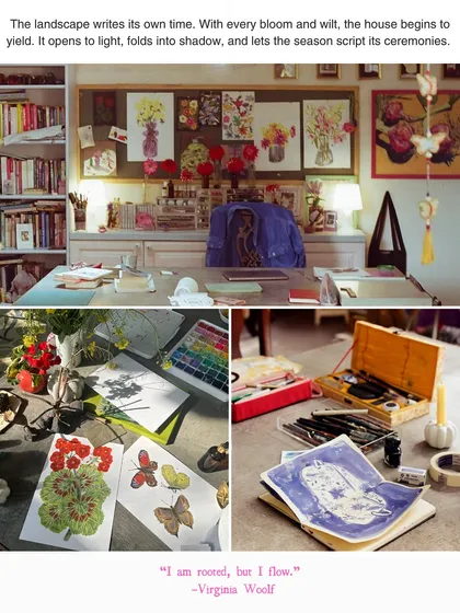When the landscape leads, architecture follows. This collage illustrates how the seasons design and define the house, from the art studio to the garden itself, creating a home that lives in rhythm with the land.