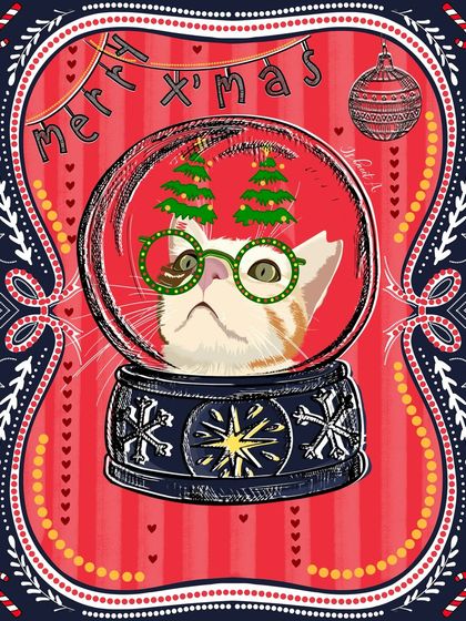Merry Christmas from this festive feline. This illustration features a cat wearing Christmas tree glasses inside a snow globe, perfect for a quirky holiday card.