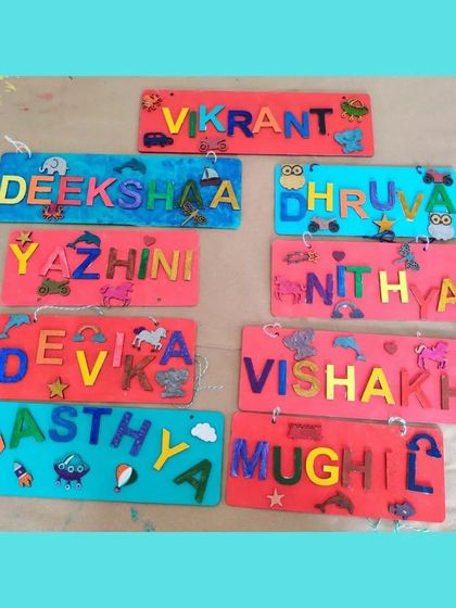 A colorful collection of finished nameplates from a birthday party. I love seeing all the unique designs the kids come up with.