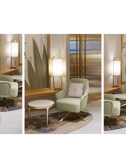 A collage of seating details from the Departure Lounge at Bangalore airport. The mint green swivel chairs are custom-designed, featuring elegant brass bases that complement the overall upscale feel of the lounge.