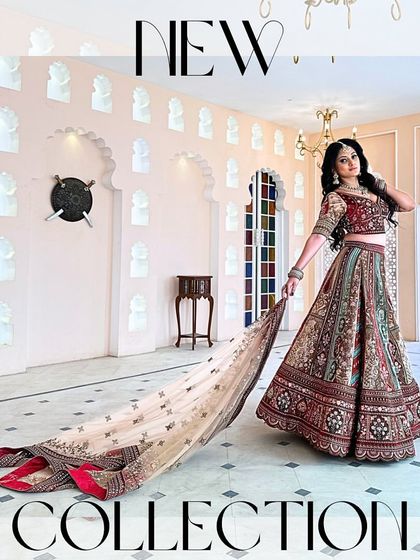 A full-length shot of a breathtaking multi-colored bridal lehenga. The long, flowing dupatta adds an extra layer of drama and elegance.