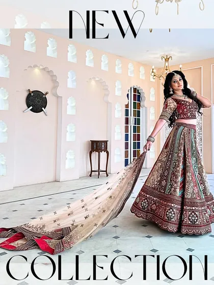 A full-length shot of a breathtaking multi-colored bridal lehenga. The long, flowing dupatta adds an extra layer of drama and elegance.