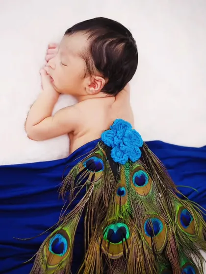 A different pose for the peacock theme, with the baby lying on their side against a rich blue fabric, creating a beautiful color contrast.