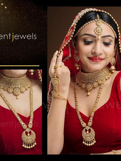 Achieve a classic bridal look with my antique gold-plated necklace set. This image shows how the choker and long necklace layer together, complemented by the maang tika and hathphool, for a complete look.