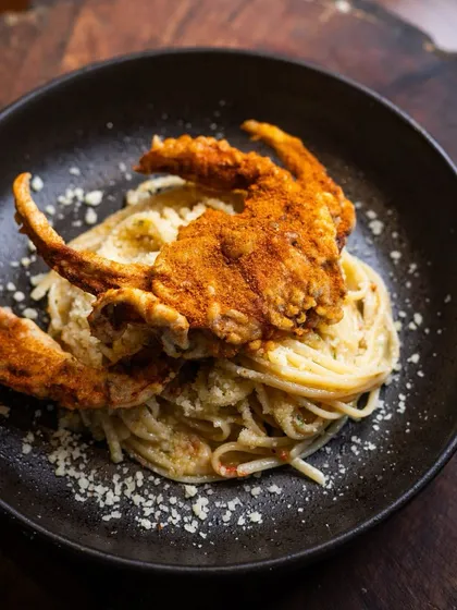 When pasta meets the sea. The Soft Shell Crab Aglio e Olio brings together the best of both worlds, combining a classic Italian pasta dish with fresh seafood.