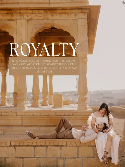 A tender moment of royalty. We posed Prince with his head in Khushi's lap against the golden stones of Jaisalmer, creating a classic, romantic portrait that feels both intimate and grand.
