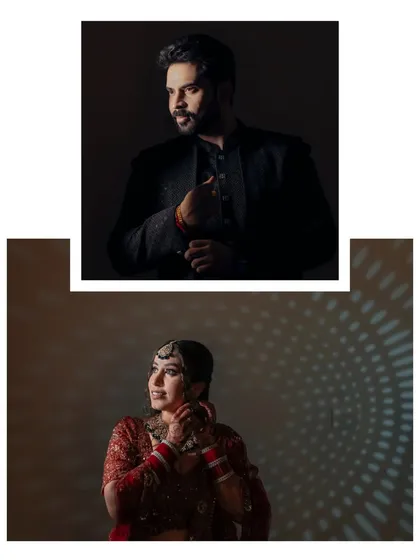 Solo portraits of the bride and groom, Vasu and Shilpi, using dramatic lighting. This diptych highlights their individual elegance and style on their reception day.