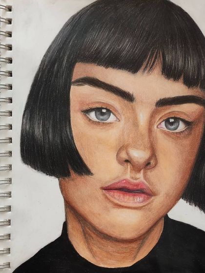A colored pencil portrait of a woman with a short black bob haircut, created for the Derwent 12-color challenge.