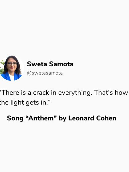 A tweet-style graphic with a quote from Leonard Cohen. This quote reflects the theme of finding light in imperfection, a core message in my coaching.