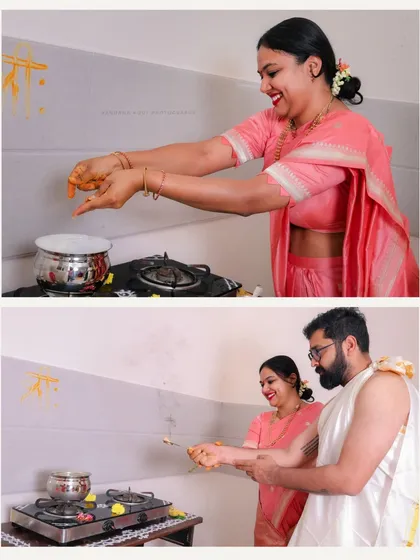 Documenting the first boiling of milk on the new stove, a significant tradition in a housewarming ceremony. My event photography covers all the important rituals of your special day.