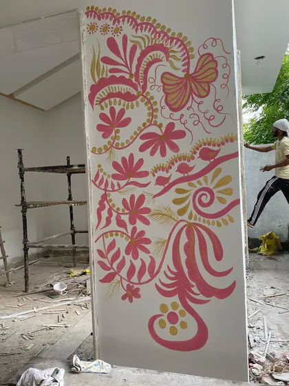 A close-up of the pillar detail from 'Baba's Garden.' I love incorporating whimsical elements like butterflies and birds among the floral patterns. It adds a layer of life and movement to the artwork.