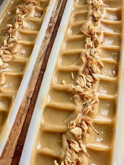 A freshly topped log of Honey Oatmeal cold-process soap. The process of making natural soap is therapeutic, and the final product is always a beautiful creation.