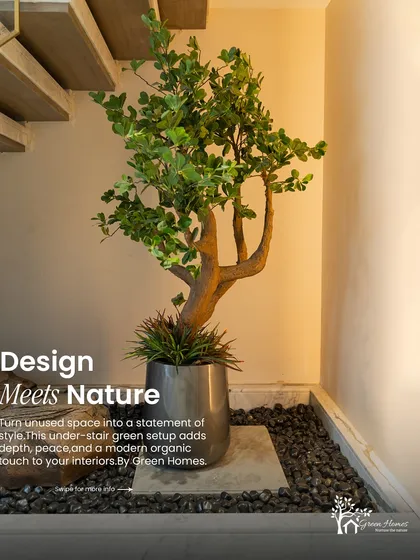 This graphic overlay explains our design philosophy: turning unused space into a statement of style. The under-stair setup adds depth, peace, and a modern organic touch.