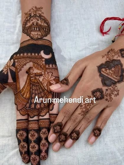 A unique design for Karwa Chauth, featuring a bride looking at the moon, along with other festive symbols.