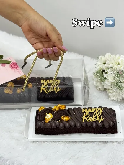 This chocolate dream bar is another one of my exclusive Rakhi offerings. The 8-inch bar cake is topped with dark chocolate and crunchy elements, then finished with a "Happy Rakhi" topper for a festive touch.