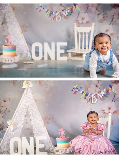Two adorable looks for one special first birthday. We can easily switch outfits and small details to give you a wonderful variety of photos from a single session.