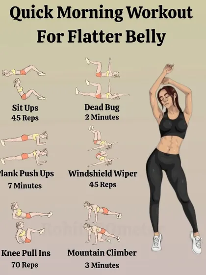 This morning workout for a flatter belly includes dynamic core exercises like dead bug, windshield wipers, and mountain climbers.