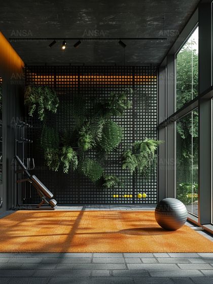 This 3D visualization of a home gym brings serenity and nature together. The design features a living wall and floor-to-ceiling windows, proving that luxury isn't always loud but can be peaceful and personal.